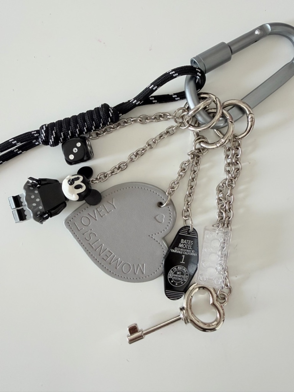 Handmade Lego Silver Heart & Key Metal Charm Keychain with Black Rope Accent - Picture 2 of 3